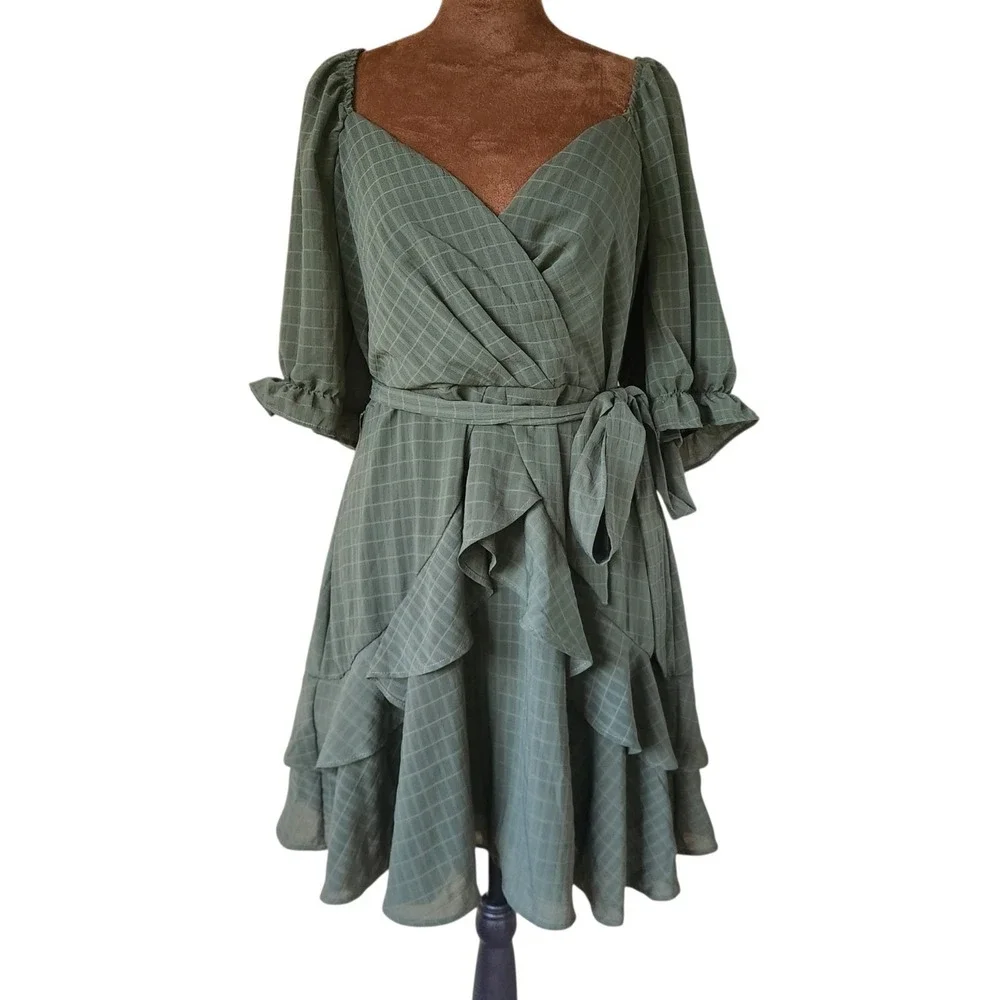 NWT Francesca's Ruffle Olive Green Faye Mini Dress‎ Size L Ruffle Belted V Neck